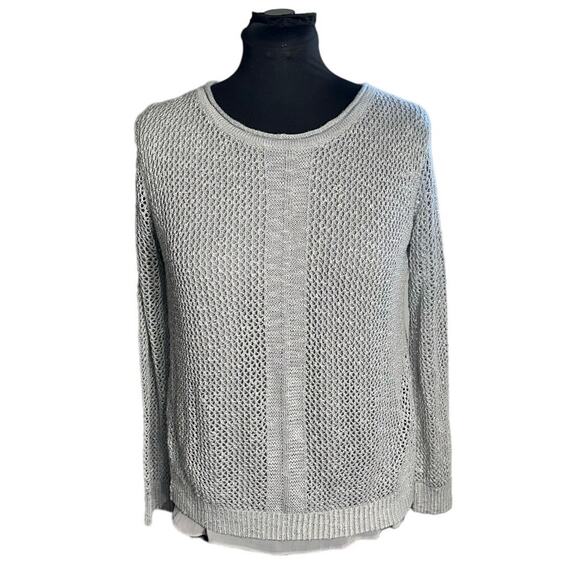 Dahlya Gray Loose Knit Crew Neck Cross Back Sheer Lined Sweater Size L - Picture 1 of 8